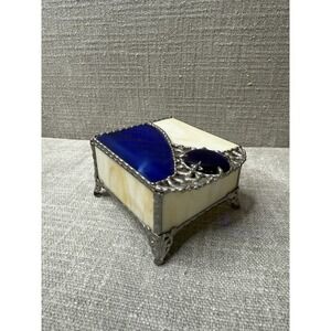 Vintage Handmade Stained Glass Trinket Jewelry Box Blue White Art Deco Style